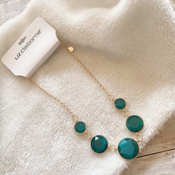 Liz Claiborne Linked Collar Statement Necklace Gold Green Round New - Picture 3 of 11